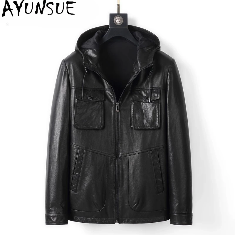 

AYUNSUE, куртки из 100% натуральной кожи, мужские куртки 2025 с капюшоном из натуральной коровьей кожи, повседневная мотоциклетная кожаная куртка с капюшоном, корейская