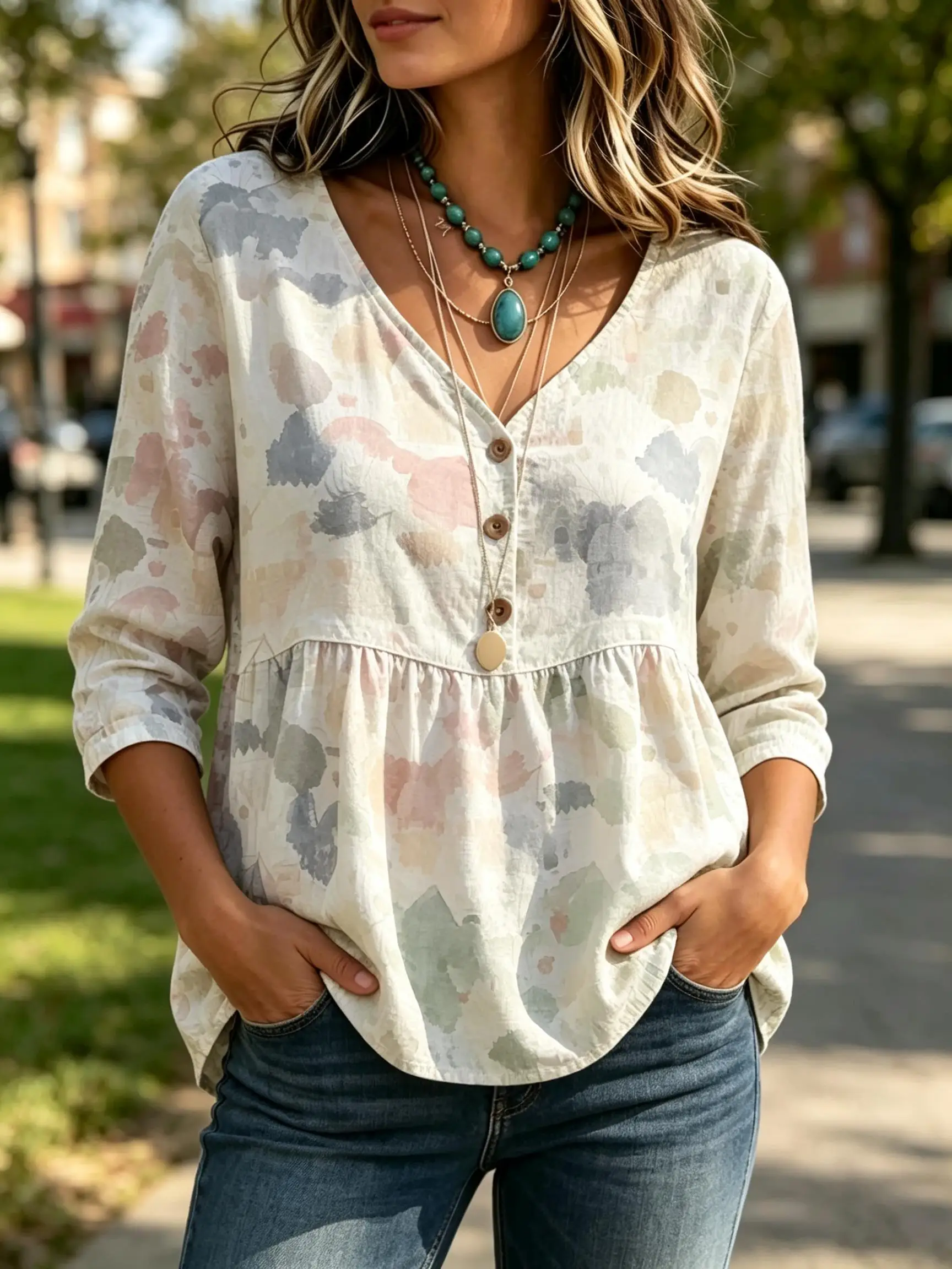 Women Loose Babydoll Tunic Top, Hand Painted Watercolor Print, V Neck Half Button 3/4 Sleeve Casual Daily Blouse