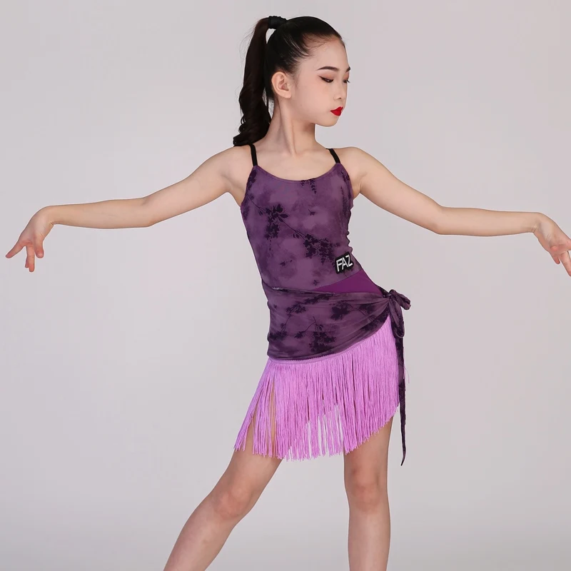 Traje profesional de baile latino Salsa Chacha para niños, vestidos morados con flecos para baile latino, ropa de entrenamiento para niños SL12470