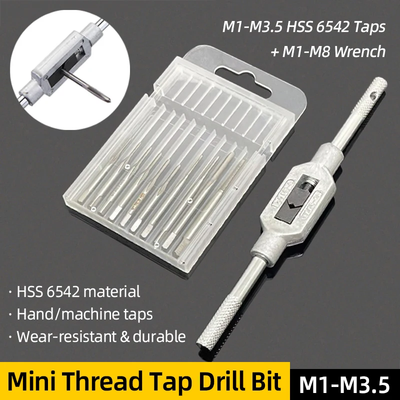 Metric Tap HSS 6542 Mini Thread Tap Drill Bit M1-M3.5 Straight Flute Machine Screw Tap Adjustable Tap Wrench M1-M8 Tapping Tool