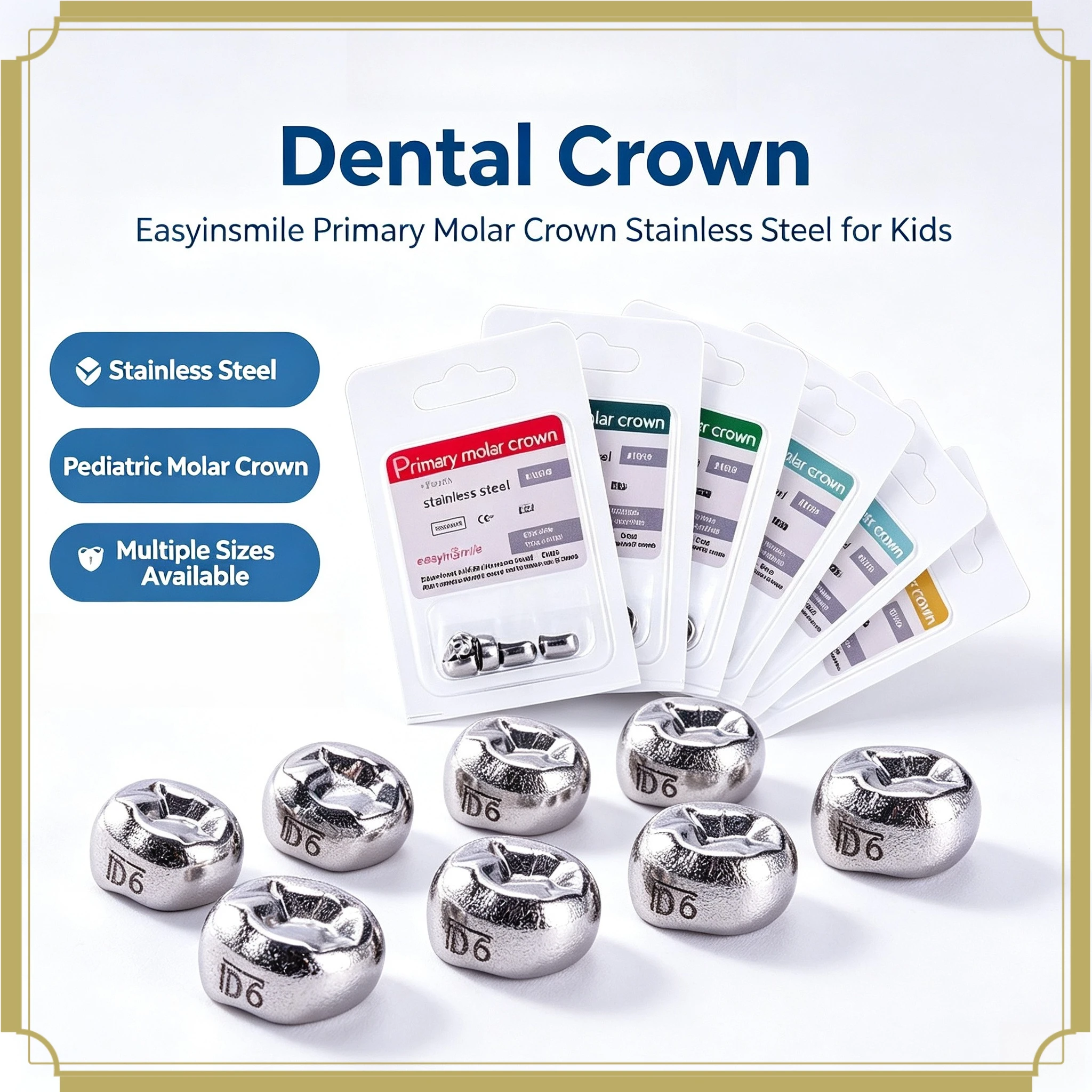 5Pcs/Box Dental Primary Molar Crown Stainless Steel Preformed Pediatric Kids Temporary Crown Baby Molar Teeth Restoration