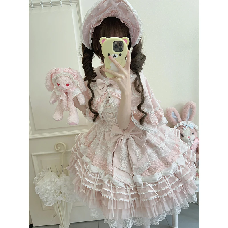 Estilo japonês original macio meninas lolita vestido rosa feminino doce fino ajuste arco renda com capa vestido curto conjunto primavera e verão