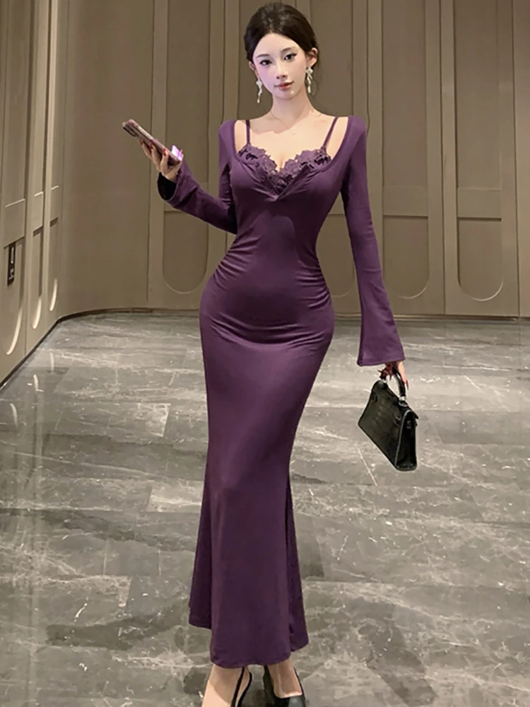 

Women Purple Knitted Patchwork Lace Square Collar Dress Autumn Winter Elegant Luxury Long Dress 2025 Korean Vintage Party Dress