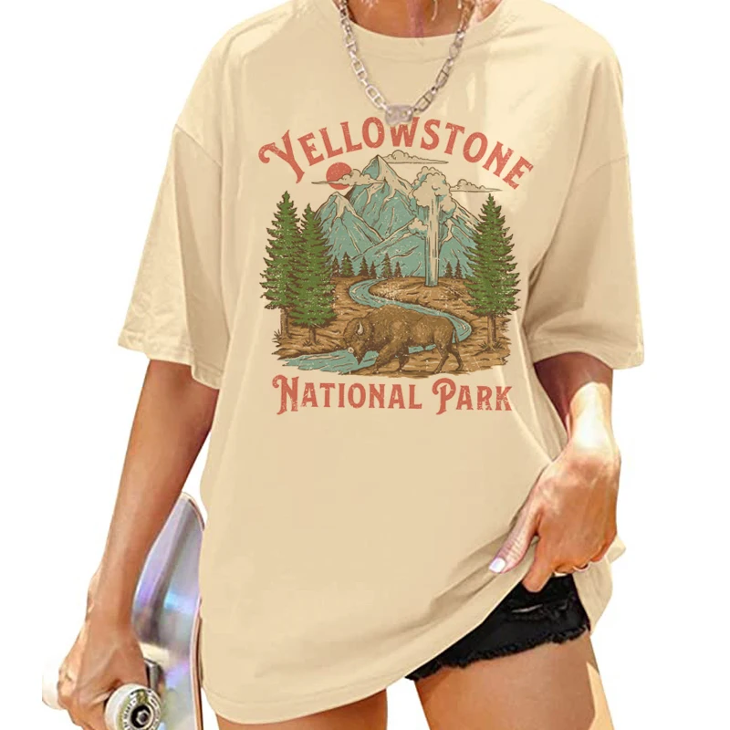 Yellowstone National Park T Shirt Oversized Vintage Mountain Hiking T-Shirts Cute Adventure Graphic Tees Women Retro Boho Tops