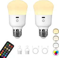 7W Rechargeable bulb with remote control, battery powered LED bulb, home or outdoor emergency light, 3-color RGB, timer, 2 pack