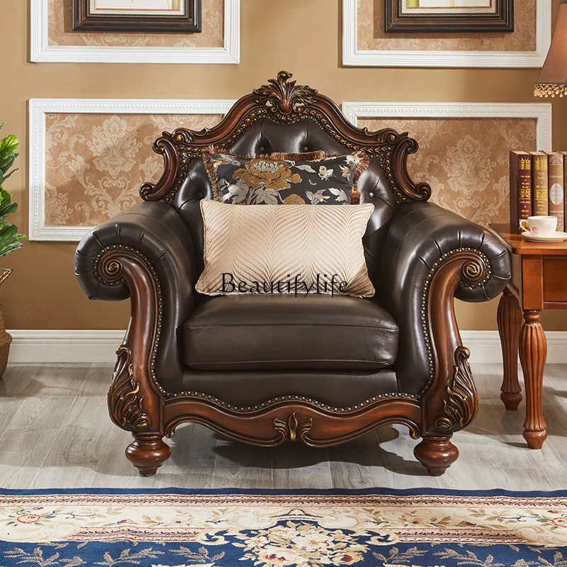 American-Style Solid Wood Luxury Leather Sofa Retro Leather European-Style Villa Sofa Combination