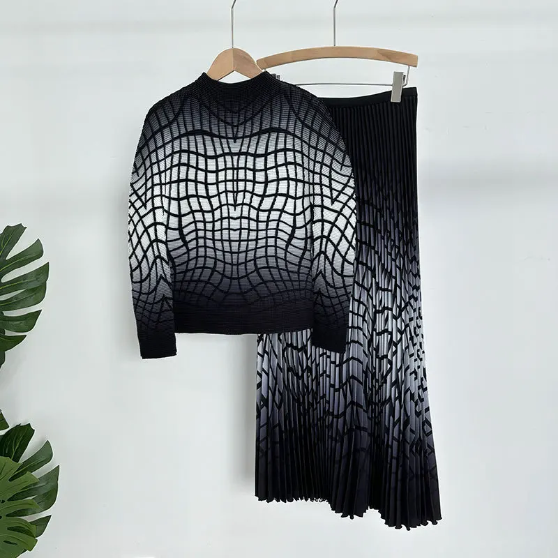 Miyake Factory Direct Sales Autumn New Pleated Suit Women's Clothing Casual Temperament Printing Thin Two-piece Set