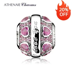ATHENAIE 925 Sterling Silver Pink CZ I Love You Hearts Charms For Original Bracelets Valentine's Day DIY Women Beads Color Pink