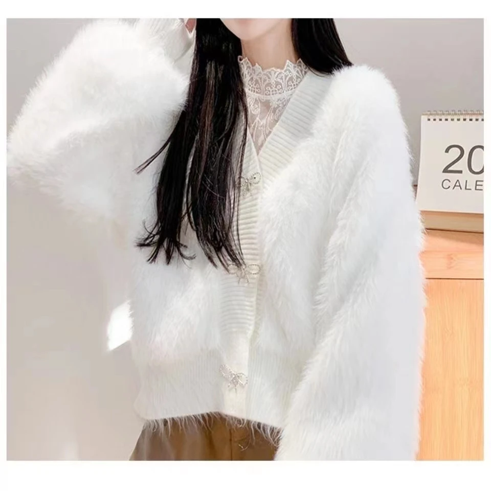 

Sweet Cropped Cardigan for Women Fashion Furry V-neck Solid Color Sueter Mujer Knitting Korean White Sweater Tops Pull Femme
