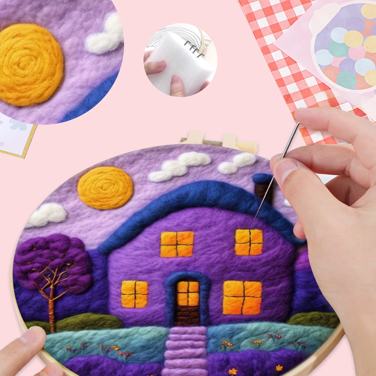 

SDOYUNO Wool Felt Painting Kit Landscape Diy Creative Making Wool Felt Kit Embroidery Frame Felting Kits For Beginners Handmade