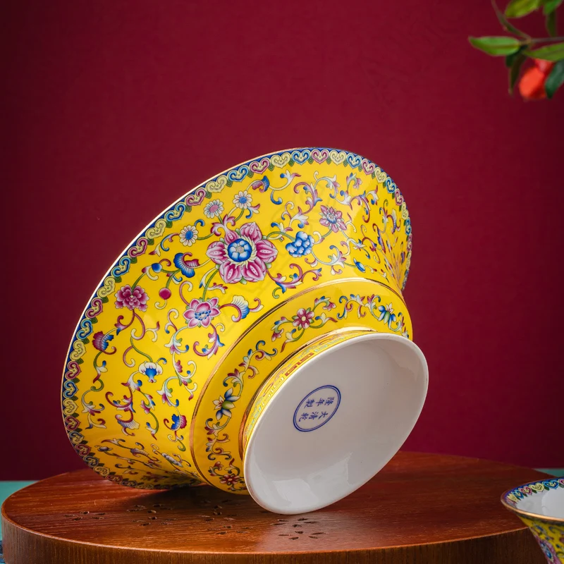 Chinese Enamel Ceramic Bowl Golden Stroke Large High Feet Anti-scald Soup Bowls Salad Bowl Hotel Home Tableware Flower Pattern