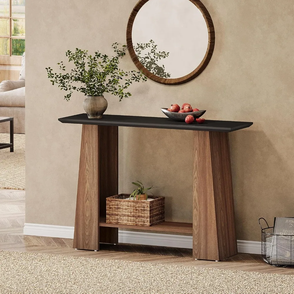 47.24 Console Table for Entryway, Mid-Century Modern 2-Tier Narrow Wooden Sofa Table Behind Couch with Storage Shelf