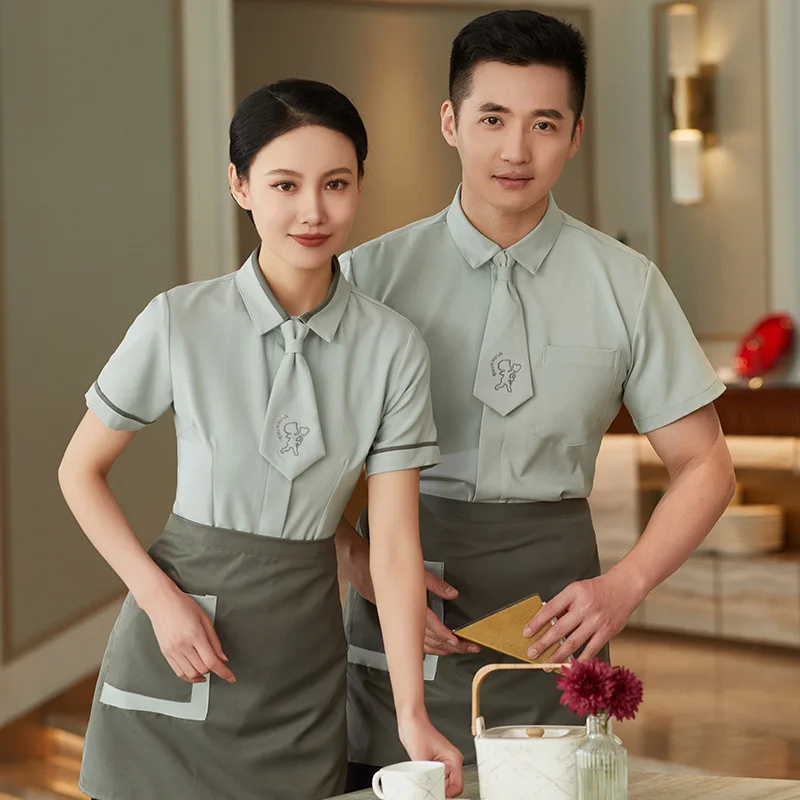 Uniforme de trabajo de camarero de restaurante, manga corta, Hotel, restaurante, tienda de té de la leche, Catering, cafetería, pastel, tienda de postres, ropa de mujer