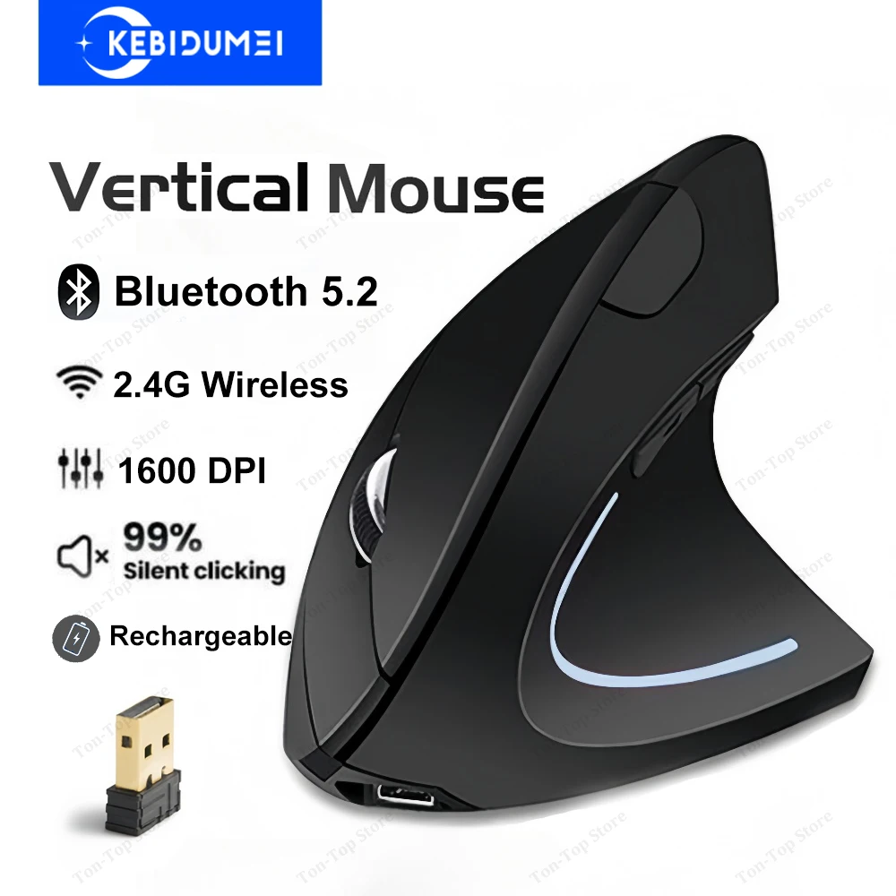 Мышь Bluetooth 5,2 2,4G Беспроводная мышь Двухрежимная вертикальная мышь Перезаряжаемые мыши Бесшумная мышь 1600 точек на дюйм для ПК, ноутбука, настольного компьютера