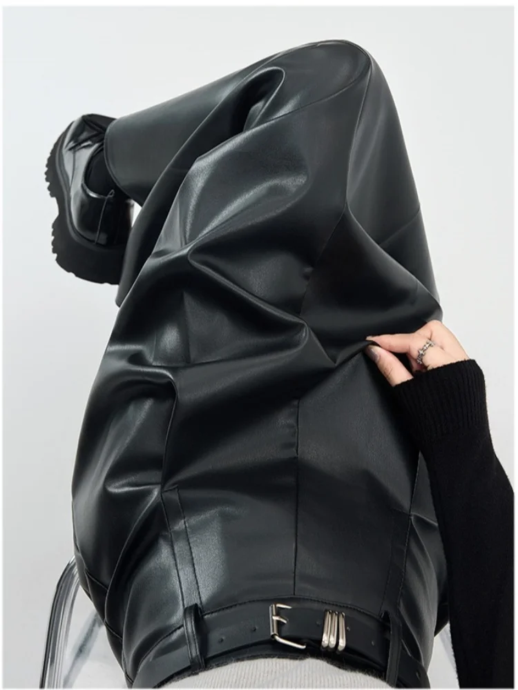 2025年新作 レディース PUレザー スカート 秋冬 プリーツ Aライン ハイウエスト 細見え ゆったり カジュアル ロング丈 アンブレラスカート