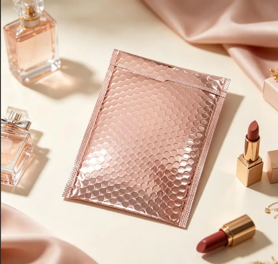 Sobre de burbujas de película metalizada color oro rosado, bolsa de embalaje de espuma reforzada para ropa, cosméticos y regalos.