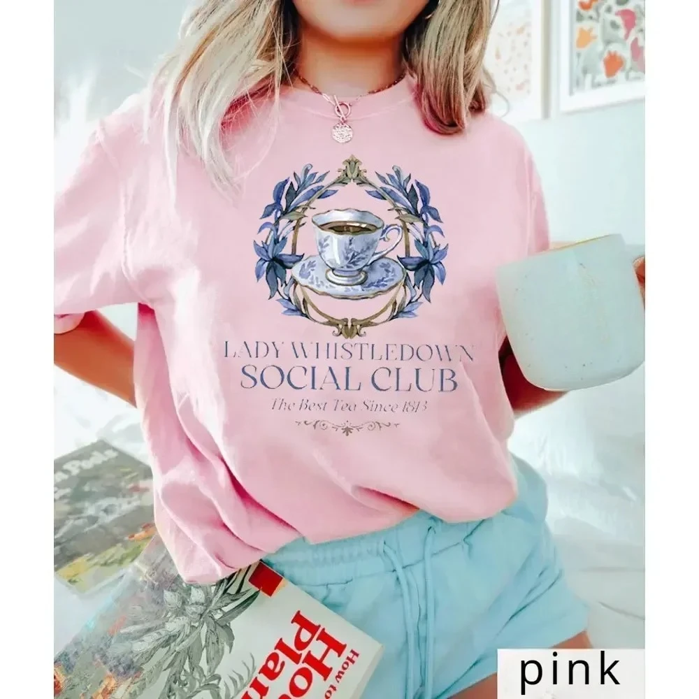 Funny Pink Women Cotton T-shirt Sprinkled Tea Lady Whiston Shirt Social Short Sleeve Tops Whistledown Retro Shirt TV Show TShirt