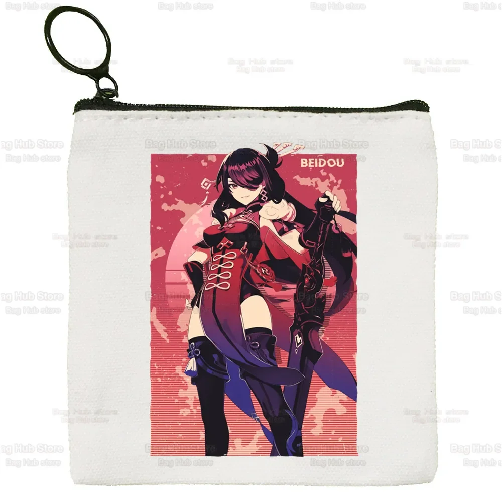 Genshin Impact Canvas Xiao Venti Hu Tao Coin Purse, Female Cute, Simple, Zhong Li Raiden Shogun, Mini Zipper Card Bag