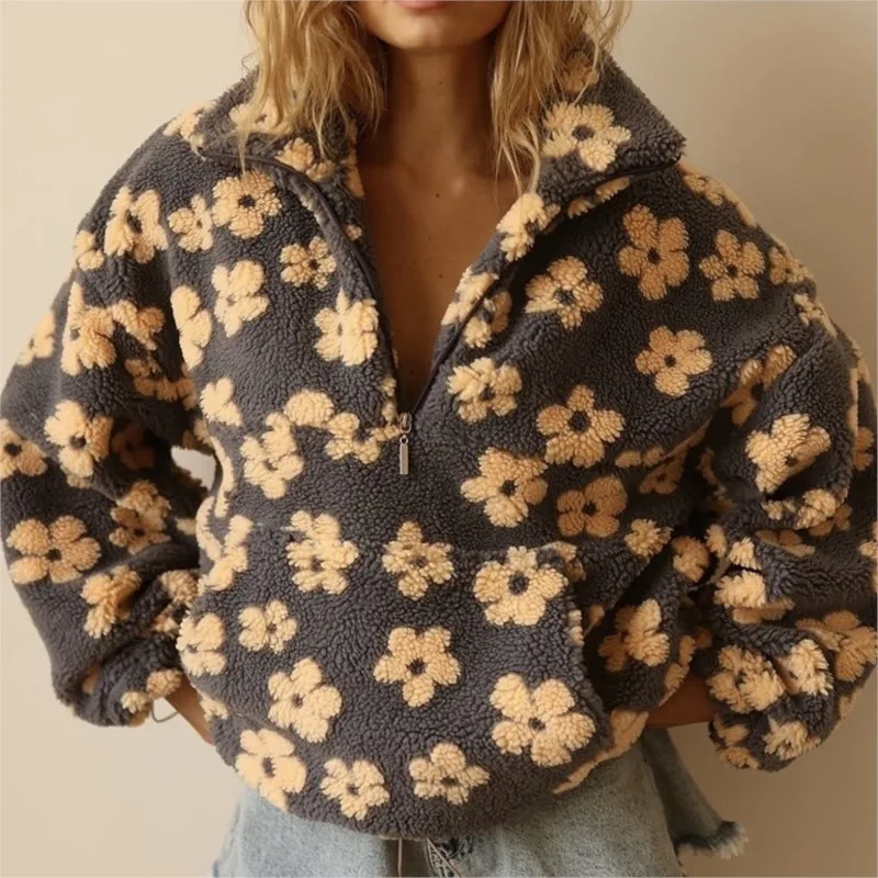 

2025 New Tops Floral Print Imitation Lamb Wool Women's Full Sleeve Zip Pocket Loose Top Lady Autumn Winter Casual Holiday Coat