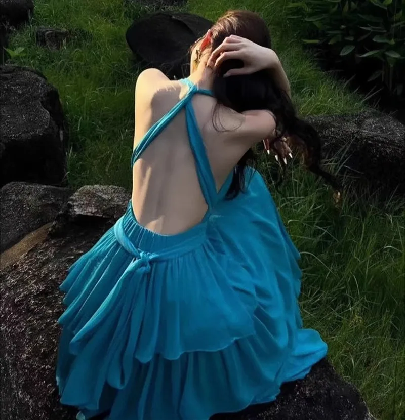 Azul com decote em v sexy vestido de festa feminino sem costas cruz sem mangas em camadas babados vestidos bodycon streetwear férias roupas