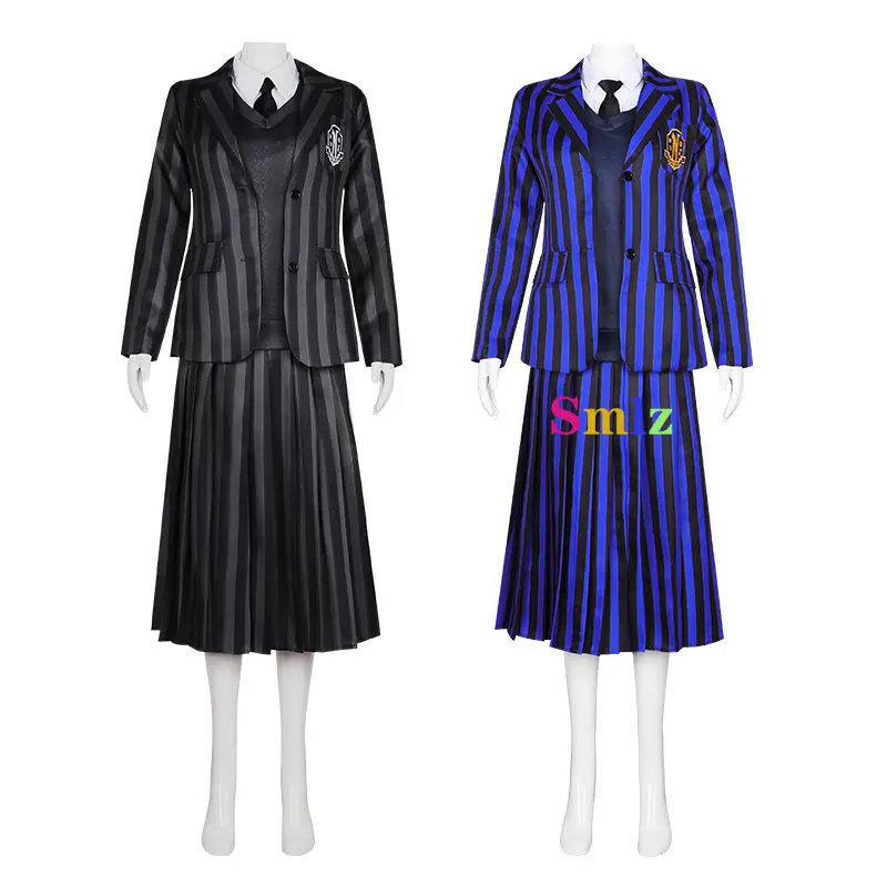 Costume Cosplay Addams du mercredi bleu pour femmes, uniformes scolaires pour filles, robe trempée, vêtements de fête d'Halloween, noir, 2 documents