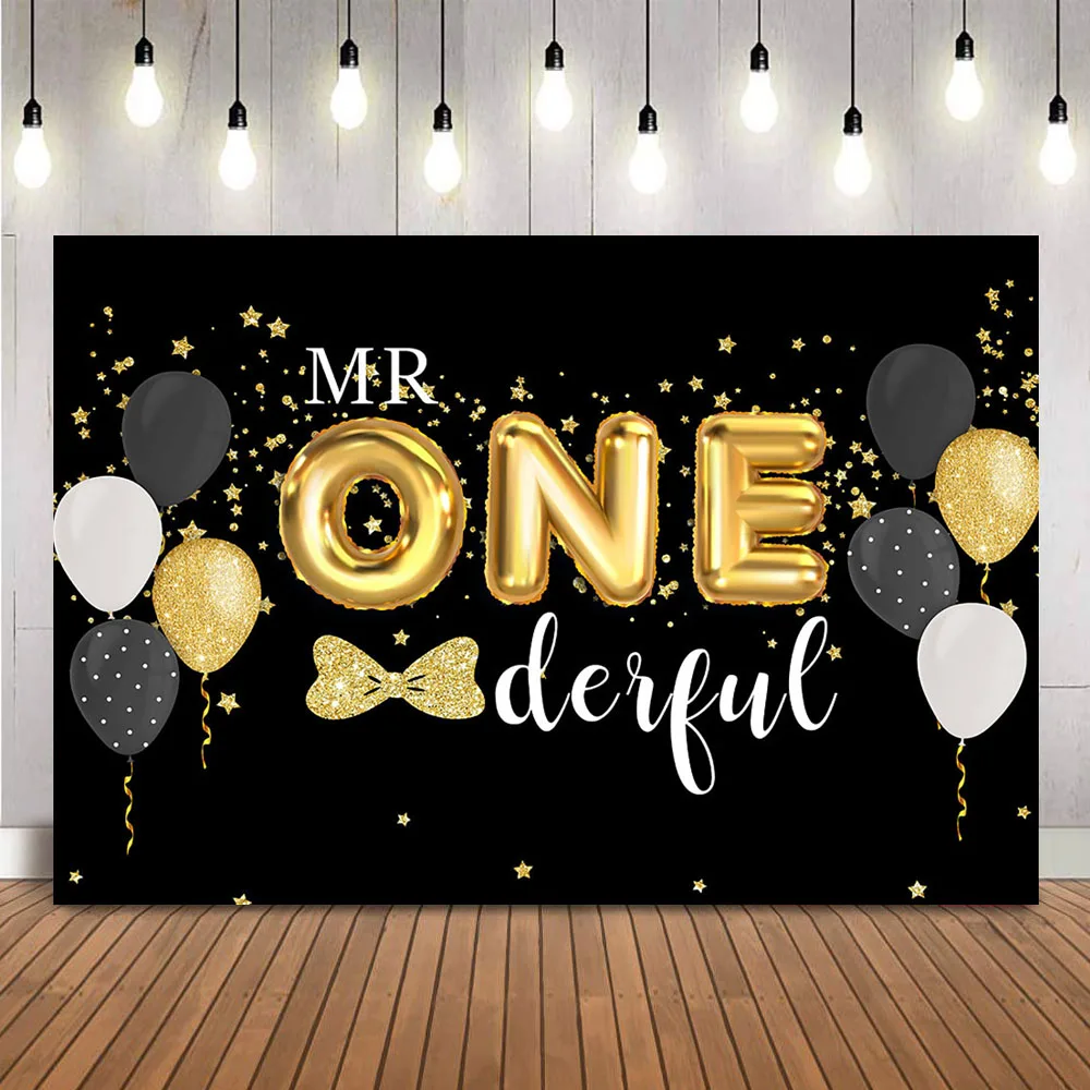 Black 1st Birthday Background for Newborn Children Mr onederful Photo Booth Backdrop One Birthday Theme Party Decoration