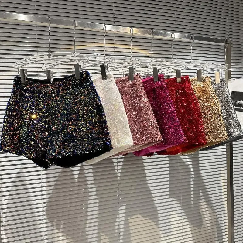 Wlwear-Short à paillettes sexy pour femmes, taille haute, streetwear, jambe large, pantalon court, argent noir, vêtements pour femmes, nouveau