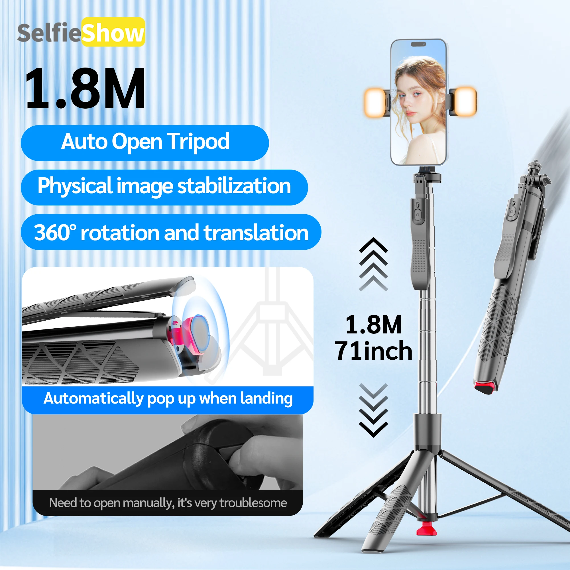 

Selfieshow L15-TT Auto Pop Up Tripod Selfie Stick for Moible Phone Shooting 1/4'' Screw for Sport Camera Option Fill Light