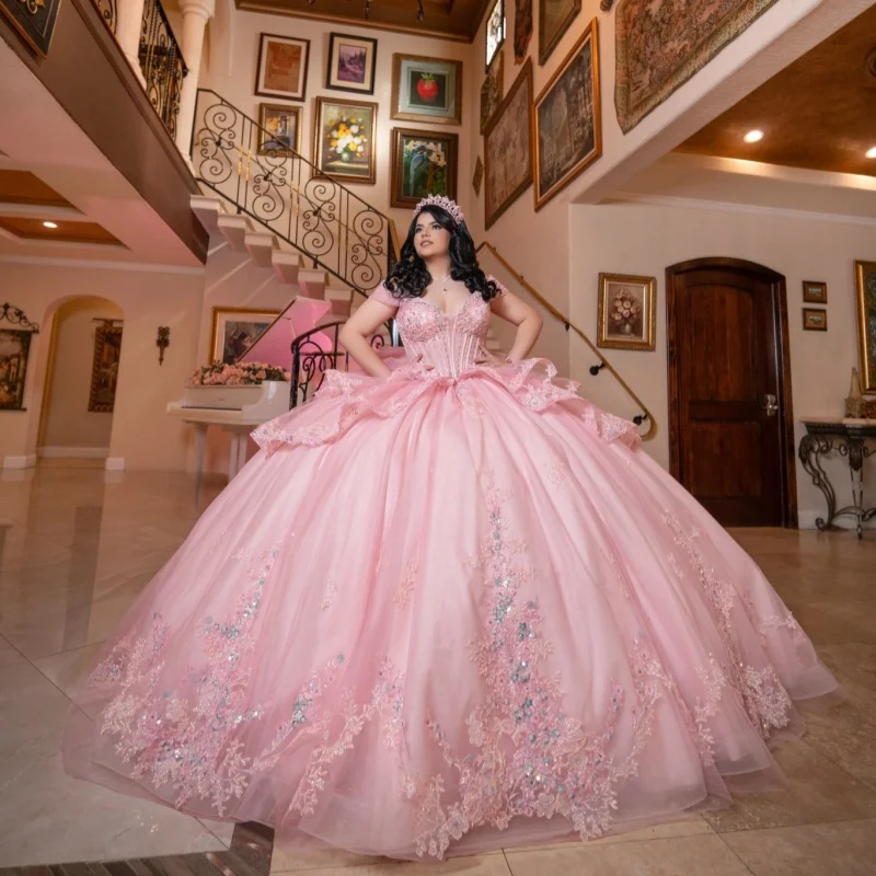 

Pink Quinceanera Dress off-shoulder Glitter Flower Decal Lace Layering Long tail Bow vestidos de 15 Quinceanera ﻿Customized