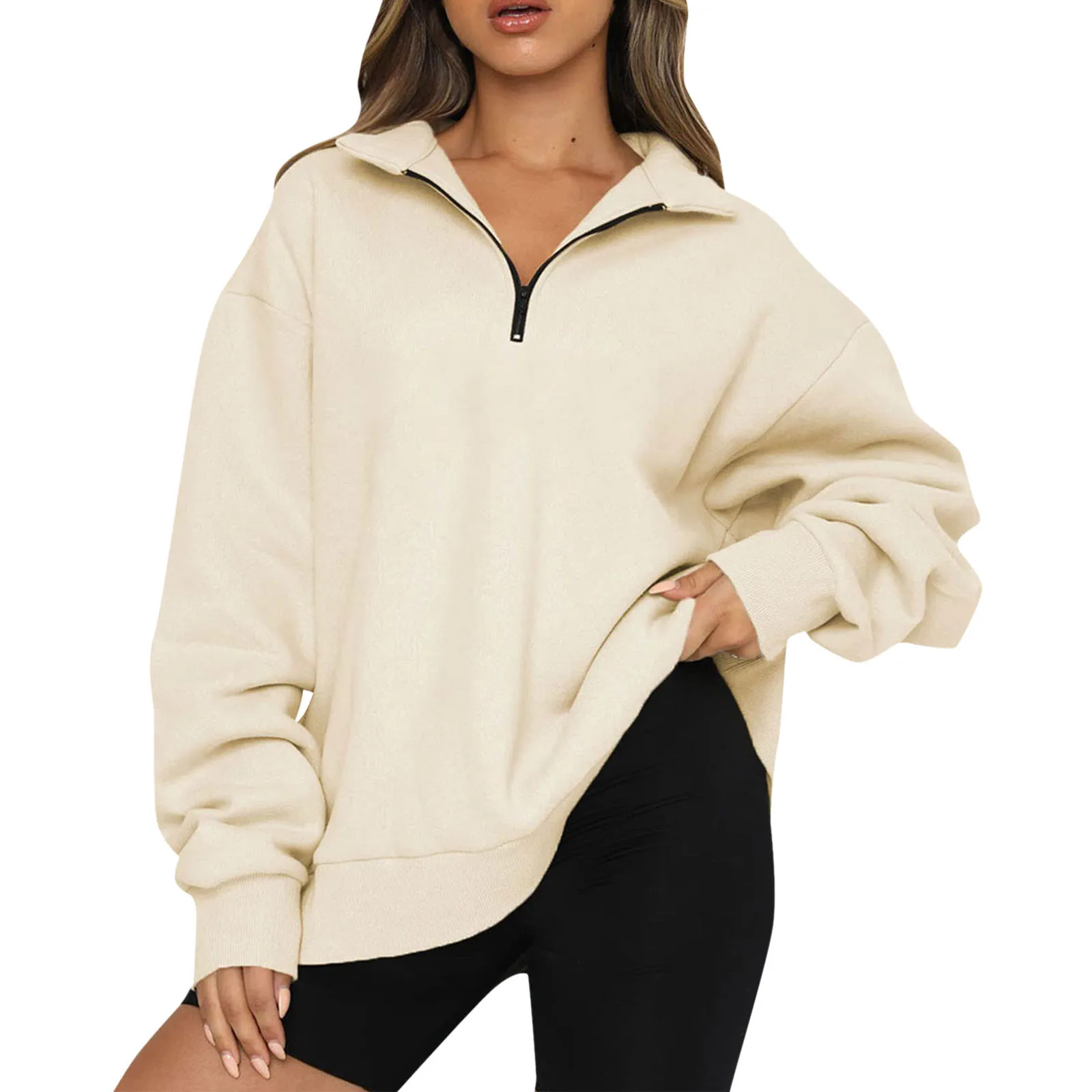 Womens Oversized Sweatshirt Half Zip Pullover Long Sleeve Solid Autumn Winter Hoodie Sweater Girls Vintage Streetwear Sweatshirt