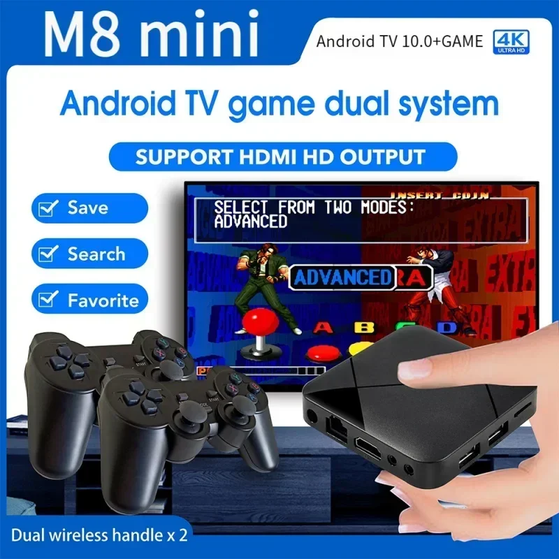 Sistema duplo-Mini boîtier TV M8, console de jeu vidéo S905, manette sans fil, HD, 4K, H.disparates, iptv, Android10, 64 Go, plus de 10000 jeux, WiFi, 4G, 5G