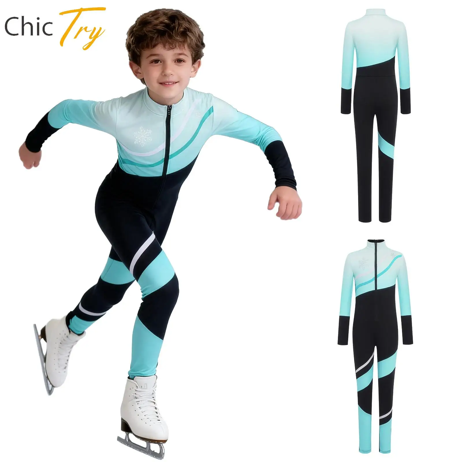子供男の子フィギュアアイススケート競技ジャンプスーツ長袖キラキララインストーンスノーフレークジッパーボディスーツトレーニングウェア