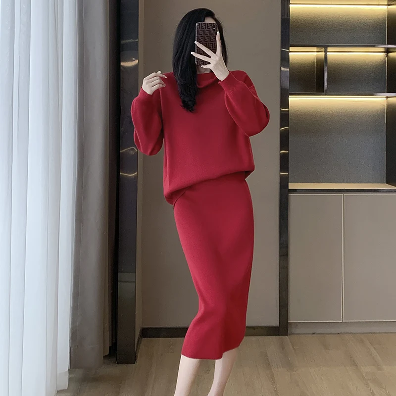 New Red Christmas Fashion Skirt Sets Women Knitted Loose Turleneck Pullover Sweater + Midi Skirts Two Piece Sets Womes Outfits