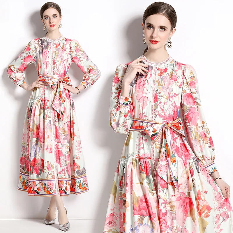 Vestido largo con estampado de flores para mujer, prenda elegante con cuello redondo, manga larga abullonada y cinturón, ideal para fiesta de vacaciones, Primavera, 2023