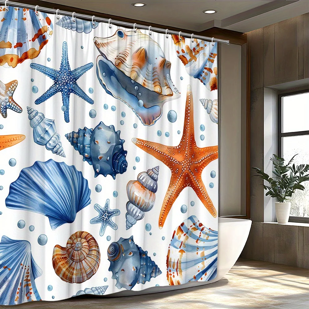 

1. Занавеска для душа на тему океана — художественный узбережный дизайн с ракушками и морской звездой, полиэфирная ткань, с крючками, можно стирать в машине,