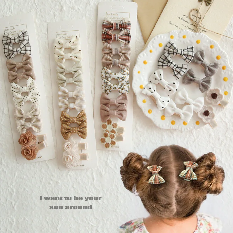 10Pcs/set Floral Print Hair Bow Clips Baby Girls Lace Cotton Linen BB Barrettes Safety Hairpins Korea Kids Headwear Accessories