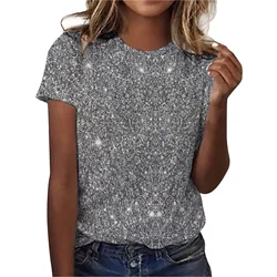 3d Sequins Printing T-Shirt Women's Trendy Round Neck Short Sleeve T Shirt Clubwear Casual Tees Women Summer Night Party Tops