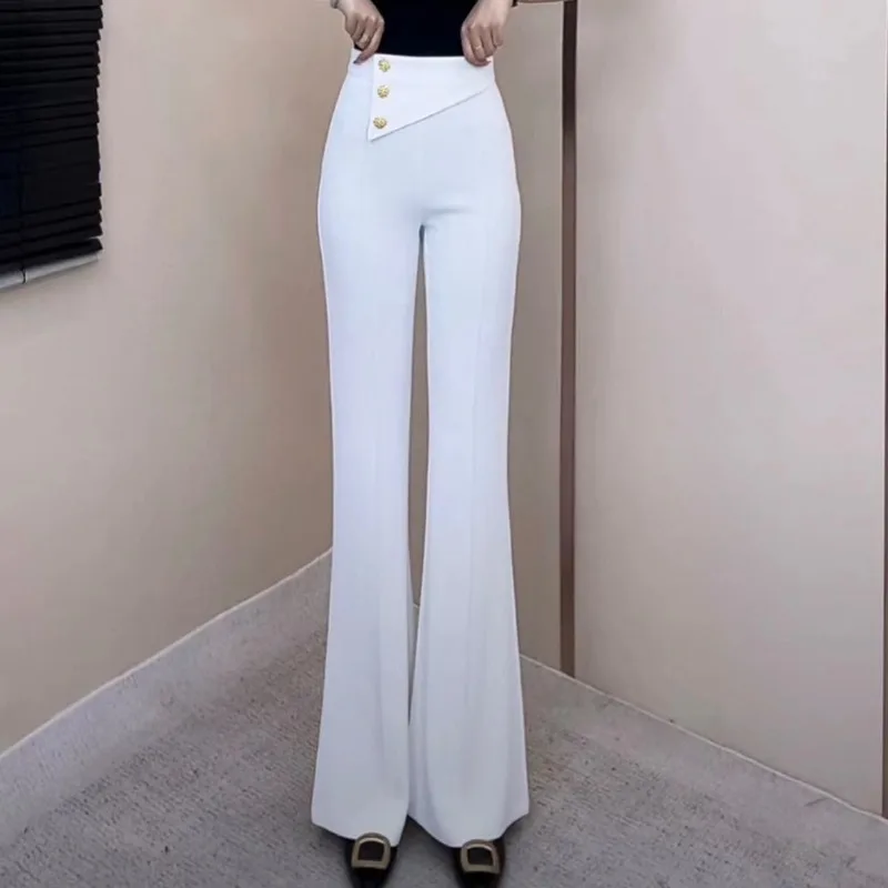 2025 Spring and Summer New Micro-flare High Waist Metal Buckle Casual Solid Color Versatile Fashion Retro Elegant Trousers