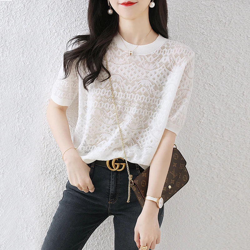 High Quality Women's Wool Tee Shirts 2023 Summer Hollow Out Knitwear Blouse Ladies Thin Knit Blouse Tops Short Sleeved