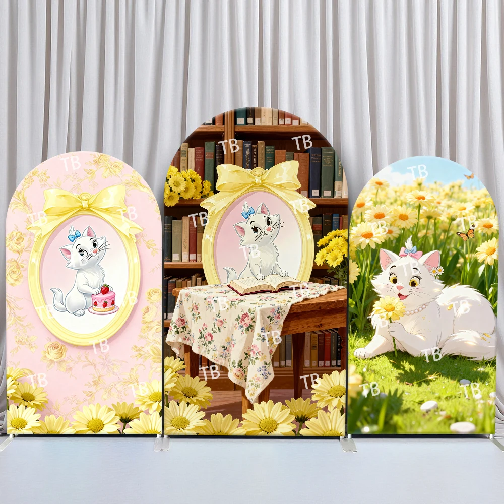 

Disney Marie the Cat Arch Backdrop Cover Cake Reading Book Daisy Field for Birthday and Baby Shower Party Photo Booth Props