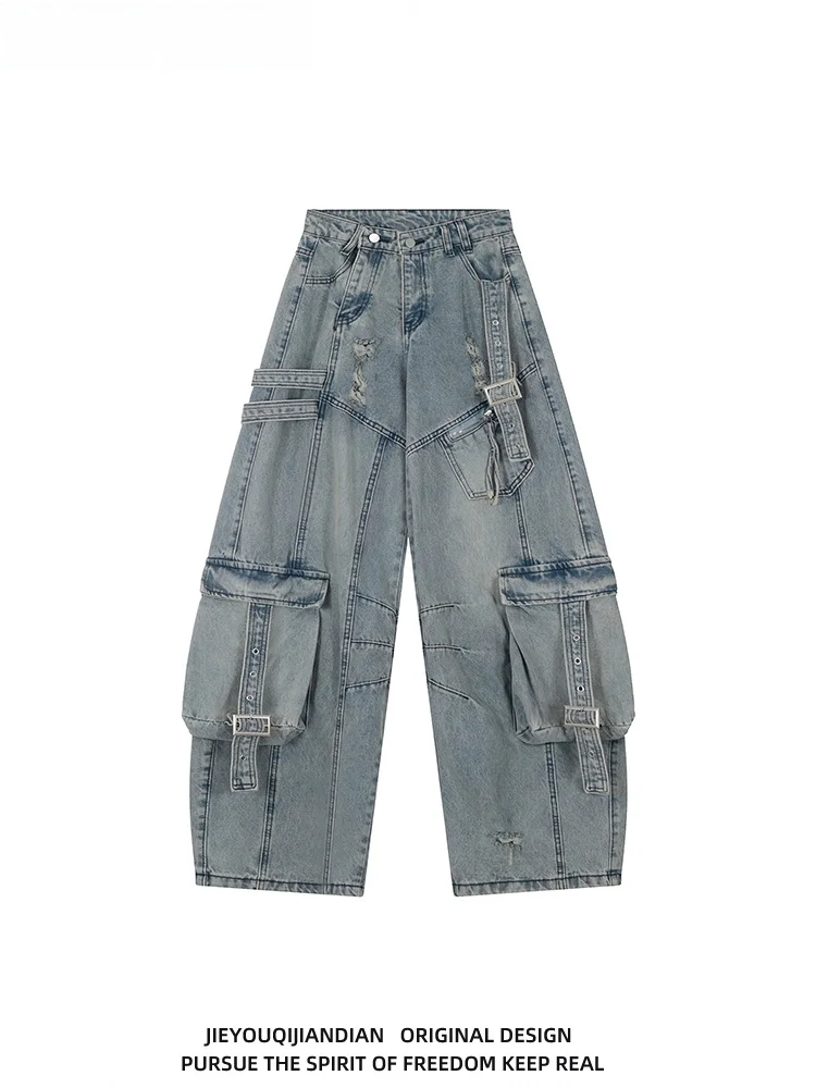 

Джинсы с тяжелой талией в стиле ретро, американские уличные джинсы, свободные прямые брюки, широкая рабочая одежда, длинные брюки для мужчин и женщин