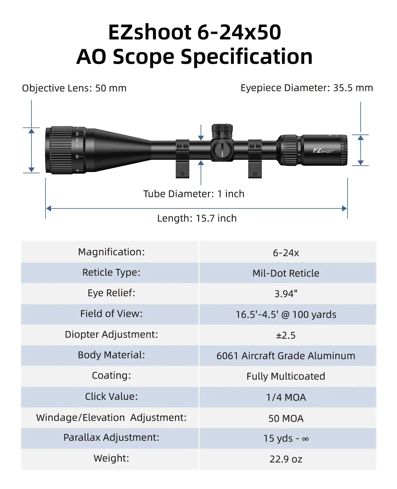 

AO Rifle Scope Optics Mil-Dot Reticle 1 Inch Tube Long Range SFP Riflescope with 20mm Scope Rings Picatinny Hunting