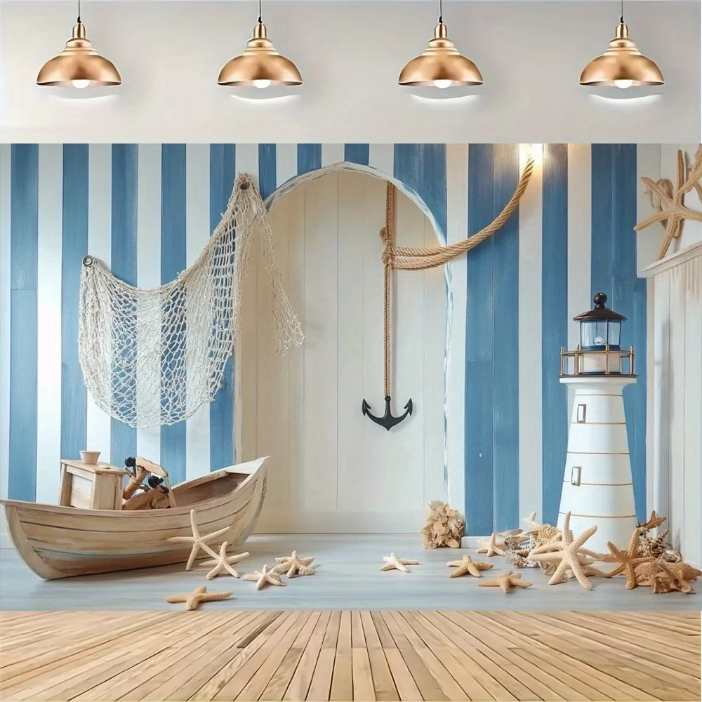 Partyhintergrund mit nautischem Thema |   Holzboot, Leuchtturm und Seestern-Design aus Polyester, nautische Dekoration