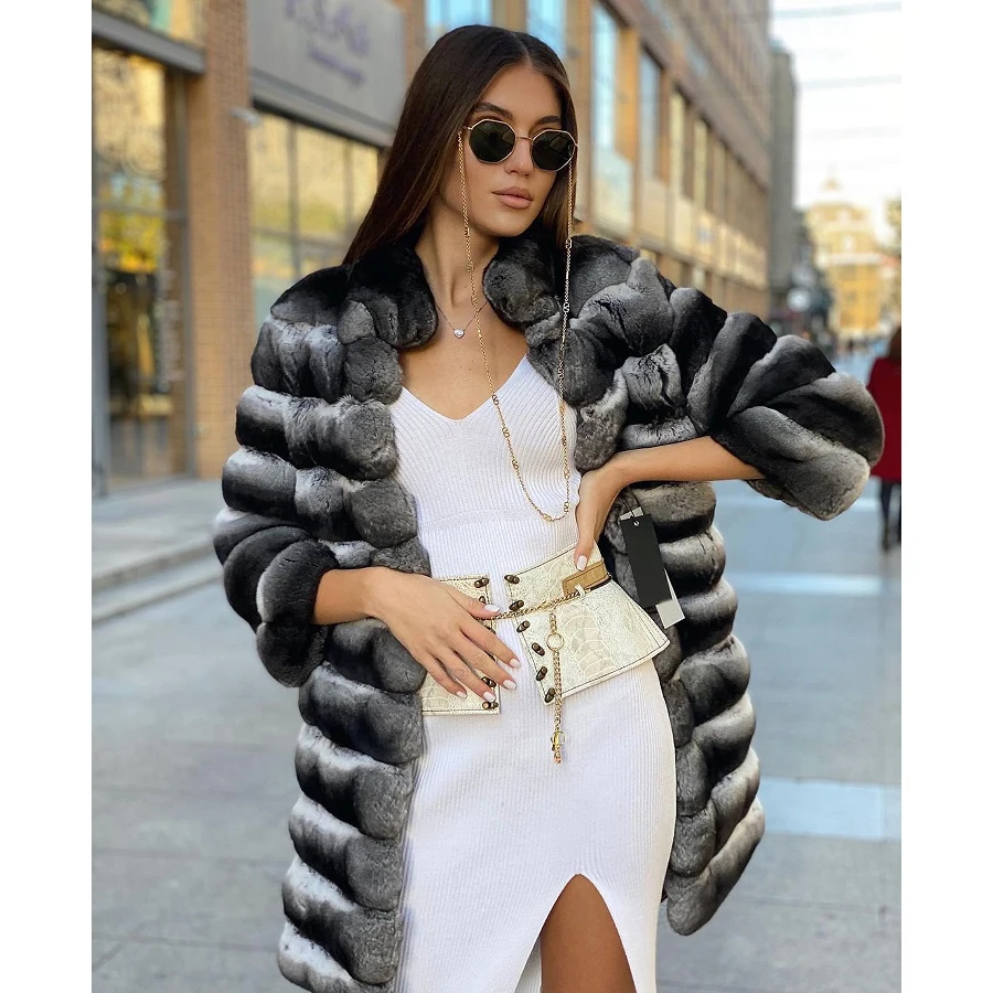 Natural Rex Rabbit Fur Jackets For Women Fur Jacket Real Rabbit Fur Coat With Stand Collar Mid-Length Outerwear