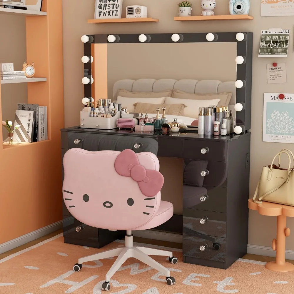 Vanity Desk with Power Outlet, Makeup Vanity with Mirror and 14 LED Light, 3 Lighting Modes,11 Drawer Vanity Table with Sliding