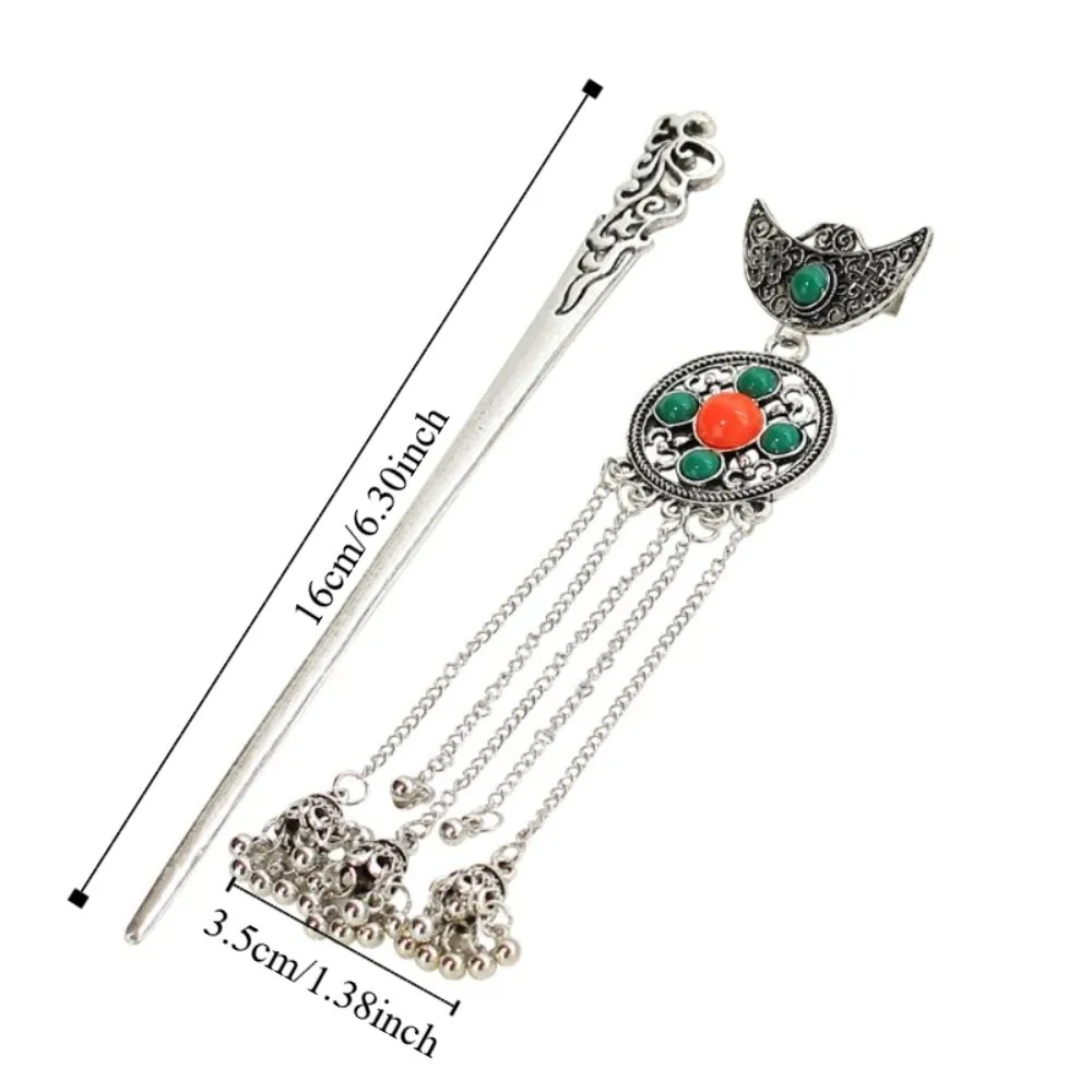 Horquilla con borla en forma de media luna antigua, palo para el cabello de estilo étnico de Metal plateado, accesorios para el cabello de estilo chino, tenedor para el cabello Hanfu
