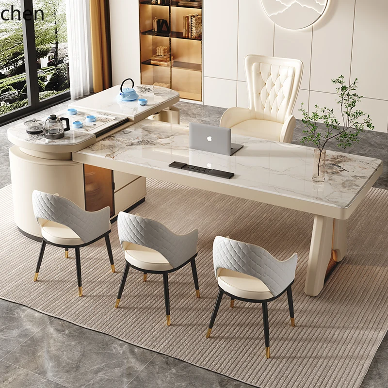 

LXC light luxury rock slab tea table, desk integrated dual-purpose desk, modern simple corner tea table