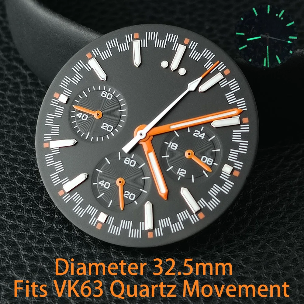 32.5mm Dial VK63 Dial VK63 Panda Dial Chronograph Electronic Multifunctio Luminous Dial VK63 Hands Fits VK63 Movement