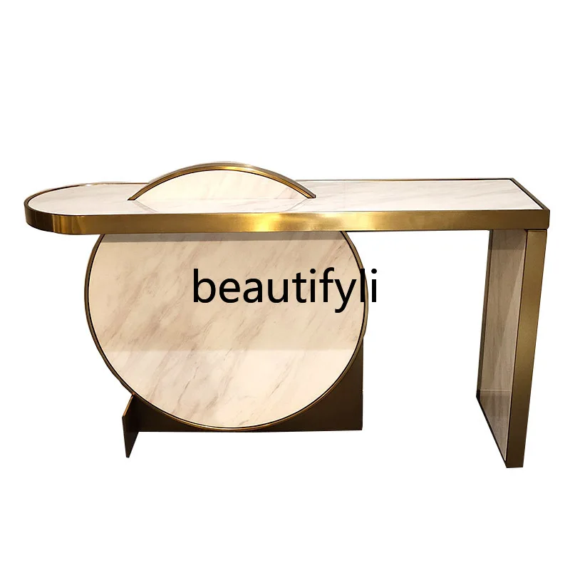 

Light luxury marble end view table Modern Nordic art design Gold against the wall Stainless steel entrance table