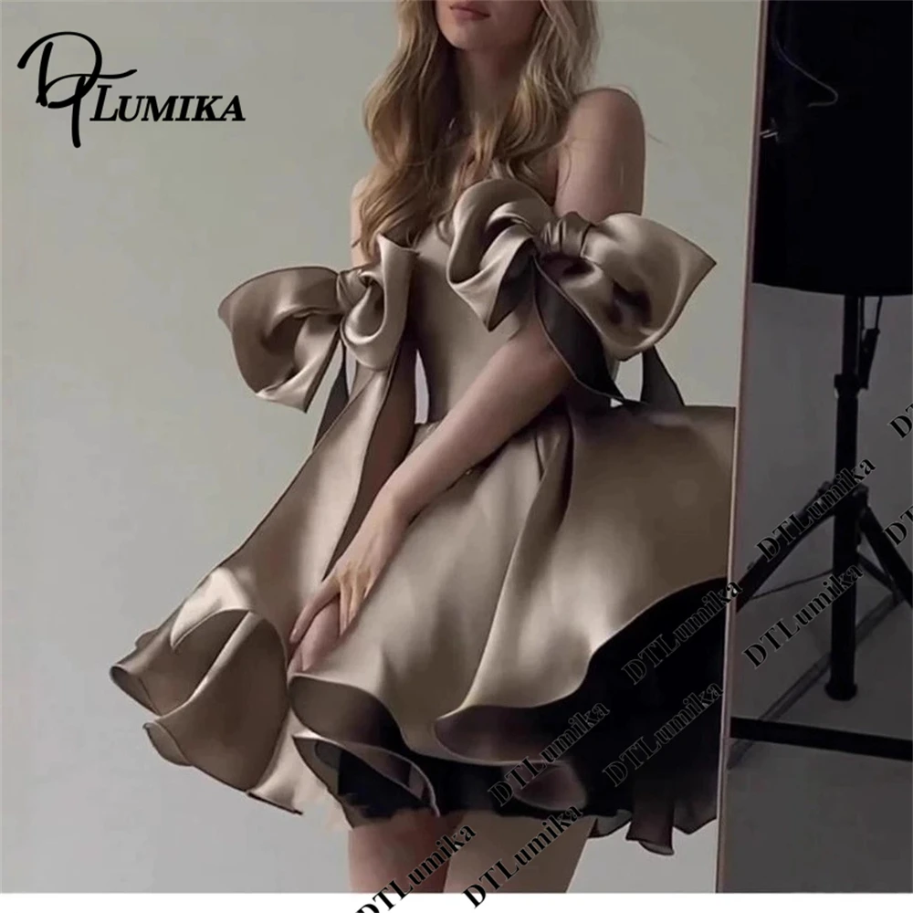 

Женское атласное платье макси DTLumika цвета шампань с открытыми плечами, большим бантом и пышными рукавами, для выпускного вечера, мини-коктейльные платья, платья для свиданий и клубов
